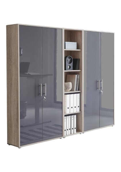Aktenschrank TABOR 10 in Eiche Sonoma / anthrazit Hochglanz, Schrankwand, Büroschrank, abschließbar, Metallgriffe