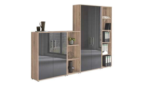 Aktenschrank TABOR 4 in Eiche Sonoma / anthrazit Hochglanz, Schrankwand, Büroschrank, abschließbar, Metallgriffe