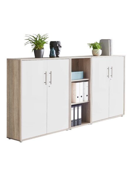Aktenschrank TABOR 8 in Eiche Sonoma / weiß matt, Schrankwand, Büroschrank, abschließbar, Metallgriffe