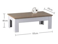 Couchtisch ELEGANCE in Sibiu Lärche Nb. / Absetzung San Remo hell, im Landhaussti, 1 Schubkasten, 115 cm breit