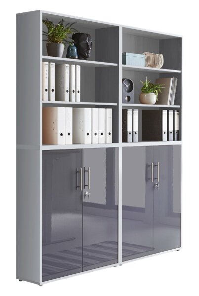 Aktenschrank TABOR 11 in lichtgrau / anthrazit Hochglanz, Schrankwand, Büroschrank, abschließbar, Metallgriffe