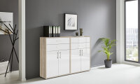 Aktenschrank TABOR 17 in Eiche Sonoma / weiß Hochglanz, Schrankwand, Büroschrank, Metallgriffe