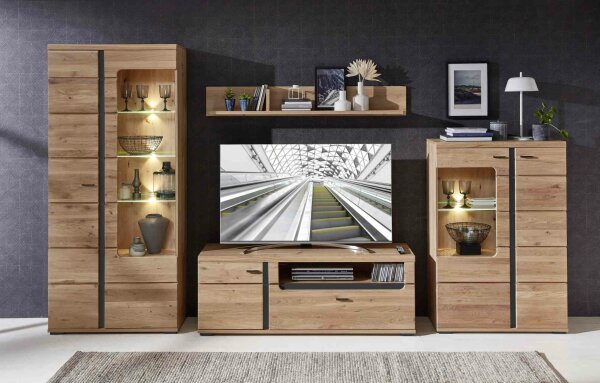 Wohnwand Anbauwand SANTOS, Altesche Massivholz, Absetzung schwarz, LED-Beleuchtung