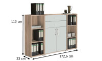 Aktenschrank TABOR 13 in Eiche Sonoma / weiß matt, Schrankwand, Büroschrank, abschließbar, Metallgriffe
