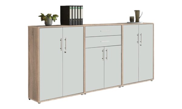 Aktenschrank TABOR 15 in Eiche Sonoma / weiß matt, Schrankwand, Büroschrank, abschließbar, Metallgriffe