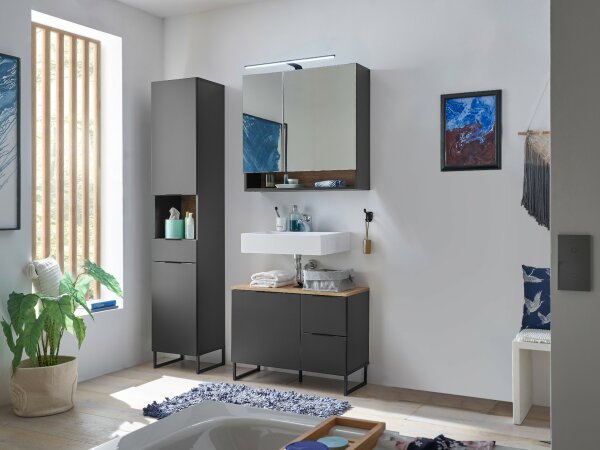 Badmöbel-Set Badezimmer ASPEN 80 cm, Set 2, 3-tlg. in schwarz mit Spiegelschrank
