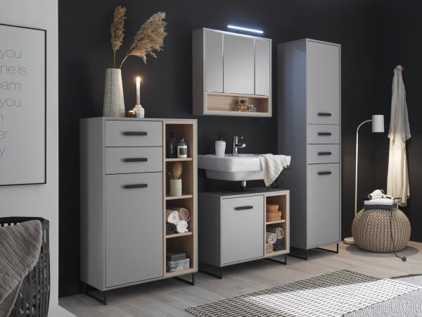 Badmöbel-Set Badezimmer TOURS 1 in grau / Sonoma, 4-tlg., Spiegelschrank inkl. LED-Beleuchtung, (BxHxT) 140x185x38 cm