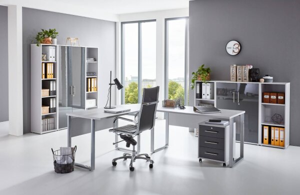 Büromöbel-Set TABOR PRO 5 in lichtgrau / anthrazit Hochglanz, Arbeitszimmer, Komplett-Set