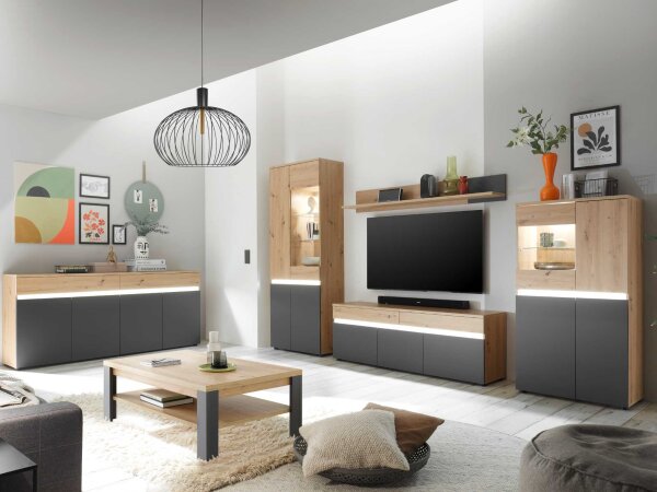 Wohnwand Anbauwand LIMOGES in Artisan Eiche Nb. / anthrazit, inkl. LED-Beleuchtung