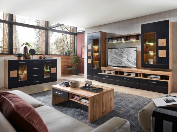 Wohnwand Anbauwand SONARE, Eiche Altholz Nb. / Hirnholz, schwarz MDF, inkl. LED-Beleuchtung