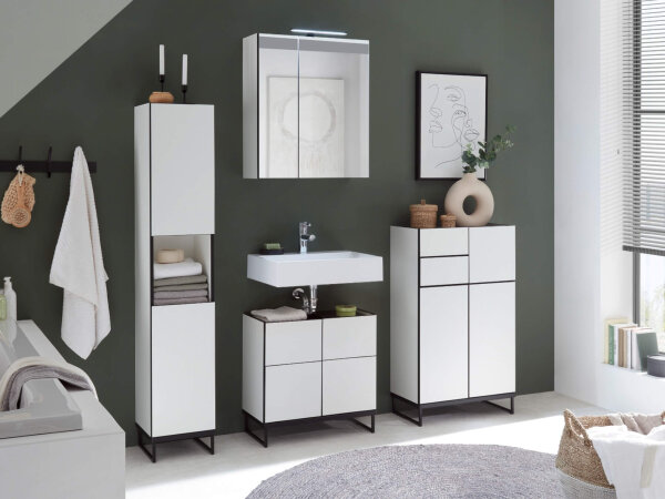 Badezimmer Badmöbel-Set VENEZIA weiß matt Hochschrank Spiegelschrank WBU Highboard Set 1