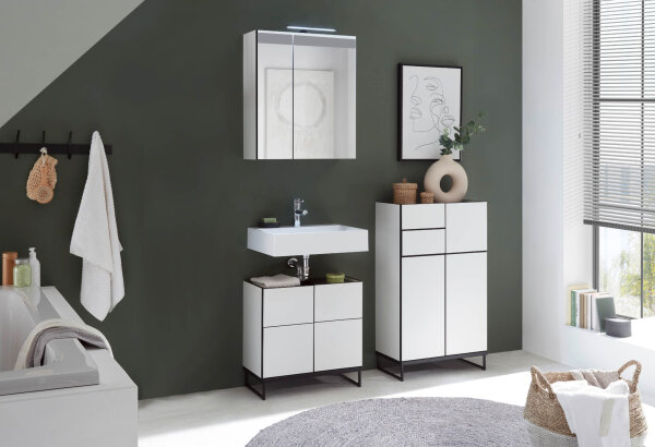 Badezimmer Badmöbel-Set VENEZIA weiß matt Spiegelschrank WBU Highboard Set 3