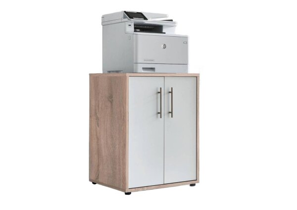 Druckerkommode TABOR in Eiche Sonoma / weiß matt, Druckerschrank, Kommode, Metallgriffe, 54 cm breit