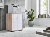 Druckerkommode TABOR in Eiche Sonoma / weiß Hochglanz, Druckerschrank, Kommode, Metallgriffe, 54 cm breit