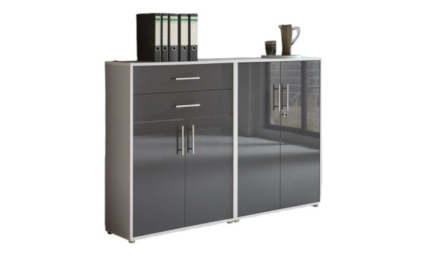Aktenschrank TABOR 12 in lichtgrau / anthrazit Hochglanz, Schrankwand, Büroschrank, abschließbar, Metallgriffe