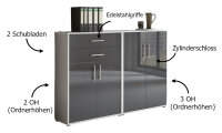 Aktenschrank TABOR 12 in lichtgrau / anthrazit Hochglanz, Schrankwand, Büroschrank, abschließbar, Metallgriffe