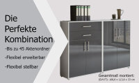 Aktenschrank TABOR 12 in lichtgrau / anthrazit Hochglanz, Schrankwand, Büroschrank, abschließbar, Metallgriffe