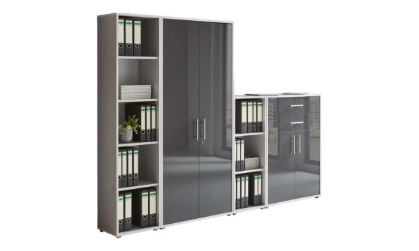 Aktenschrank TABOR 22 in lichtgrau / anthrazit Hochglanz, Schrankwand, Büroschrank, abschließbar, Metallgriffe