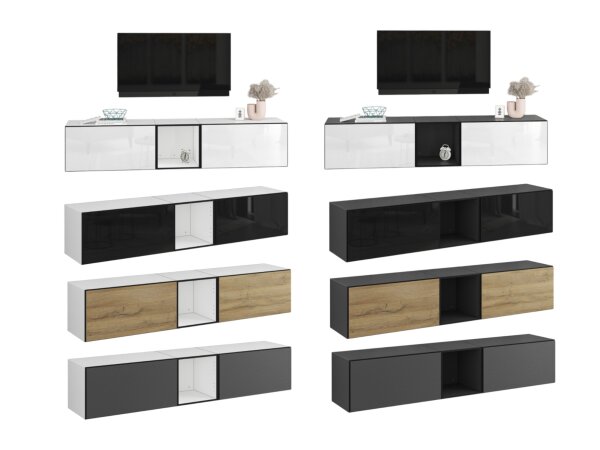 Lowboard VARIANTO 2, Schrank Set, modernes griffloses TV-Board, 2 tlg., 190 cm, TV-Schrank, stehend und hängend