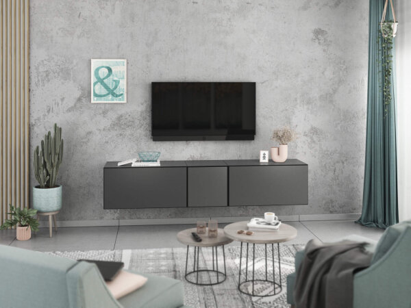 Lowboard VARIANTO 3, Schrank Set, anthrazit matt / anthrazit matt griffloses TV-Board, 3 tlg., 190 cm hängend