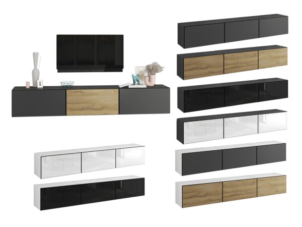 Lowboard VARIANTO 4 Schrank Set, modernes griffloses TV-Board, 3 tlg., 228 cm, TV-Schrank, stehend und hängend