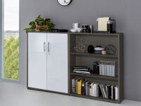 Aktenschrank TABOR 1 niedrig in anthrazit / weiß Hochglanz, Schrankwand, Büroschrank, abschließbar, Metallgriffe
