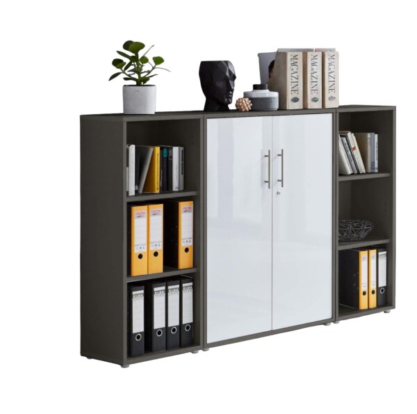Aktenschrank TABOR 2 in anthrazit / weiß Hochglanz, Schrankwand, Büroschrank, abschließbar, Metallgriffe