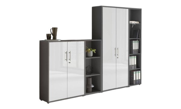 Aktenschrank TABOR 4 in anthrazit / weiß Hochglanz, Schrankwand, Büroschrank, abschließbar, Metallgriffe