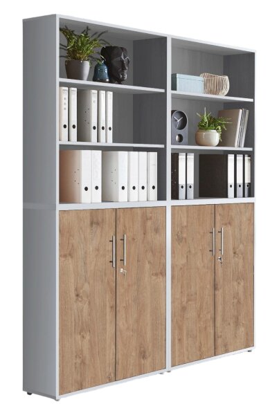 Aktenschrank TABOR 11 in lichtgrau / Gold Harbor Oak, Schrankwand, Büroschrank, abschließbar, Metallgriffe
