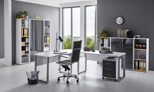 Büromöbel-Set TABOR PRO 5 in weiß / anthrazit Hochglanz, Arbeitszimmer, Komplett-Set