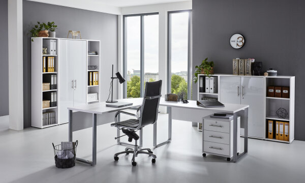 Büromöbel-Set TABOR PRO 5 in weiß / weiß Hochglanz, Arbeitszimmer Komplett-Set