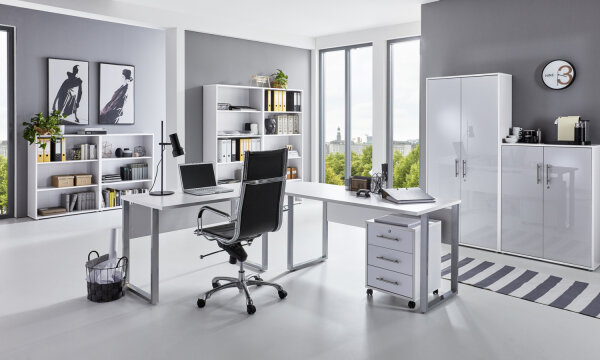 Büromöbel-Set TABOR PRO 6 in weiß / weiß Hochglanz, Arbeitszimmer Komplett-Set