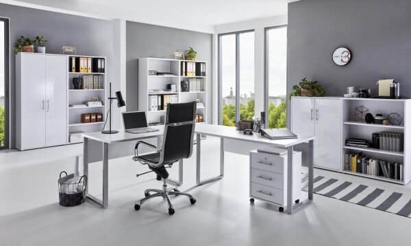 Büromöbel-Set TABOR PRO 7 in weiß / weiß Hochglanz, Arbeitszimmer Komplett-Set
