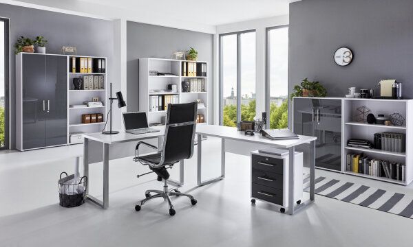 Büromöbel-Set TABOR PRO 7 in weiß / anthrazit Hochglanz, Arbeitszimmer Komplett-Set