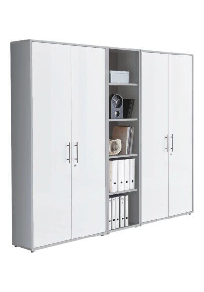 Aktenschrank TABOR 10 in lichtgrau / weiß matt, Schrankwand, Büroschrank, abschließbar, Metallgriffe