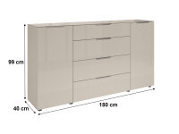 Sideboard TREND 4 kaschmir, Front und Oberboden aus Glas, Metallgriffe, 180cm breit
