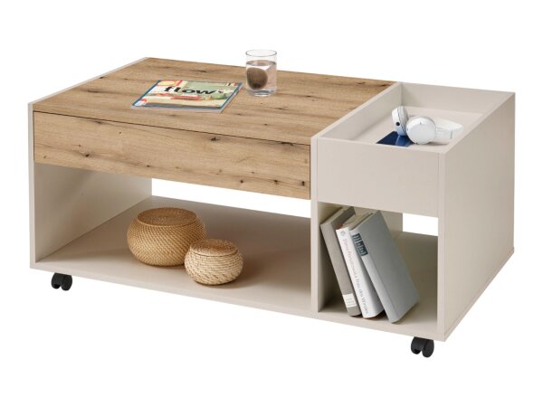 Couchtisch EMILIA Absetzung Artisan Eiche Dekor, ink. 4 Rollen, Ablagefach in der Tischplatte