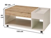 Couchtisch EMILIA Absetzung Artisan Eiche Dekor, ink. 4 Rollen, Ablagefach in der Tischplatte
