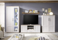 Wohnwand ELEGANCE in Sibiu Lärche Nb. / Absetzung San Remo hell, im Landhausstil inkl. LED-Beleuchtung + Stauraumelement + Gar. Spiegel