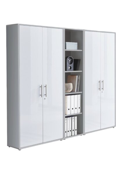 Aktenschrank TABOR 10 in lichtgrau / weiß Hochglanz, Schrankwand, Büroschrank, abschließbar, Metallgriffe