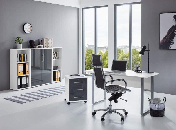 Büromöbel-Set TABOR 2 in weiß / anthrazit Hochglanz, Arbeitszimmer Komplett-Set Büro