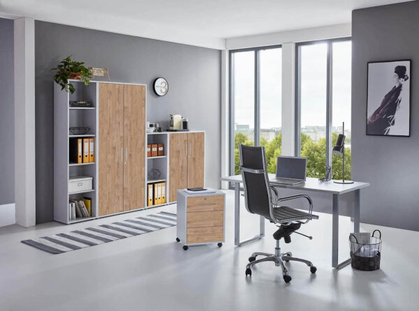 Büromöbel-Set TABOR 4 in lichtgrau / Gold Harbor Oak, Arbeitszimmer Komplett-Set Büro