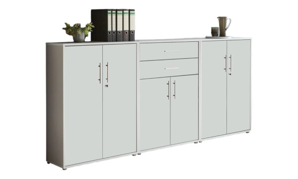 Aktenschrank TABOR 15 in lichtgrau / weiß matt, Schrankwand, Büroschrank, abschließbar, Metallgriffe
