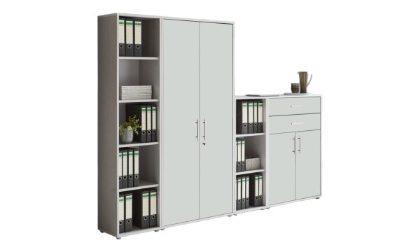 Aktenschrank TABOR 22 in lichtgrau / weiß matt, Schrankwand, Büroschrank, abschließbar, Metallgriffe