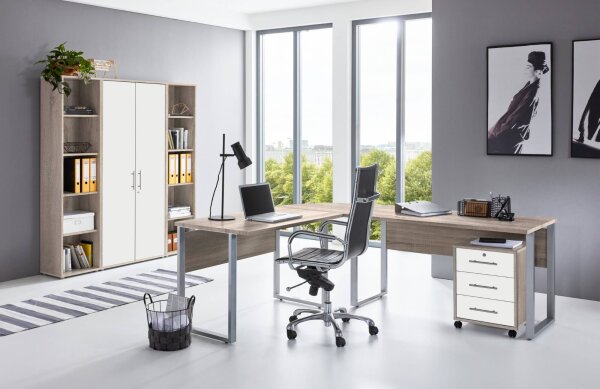 Büromöbel-Set TABOR PRO 3 in Eiche Sonoma / weiß matt, Arbeitszimmer Komplett-Set
