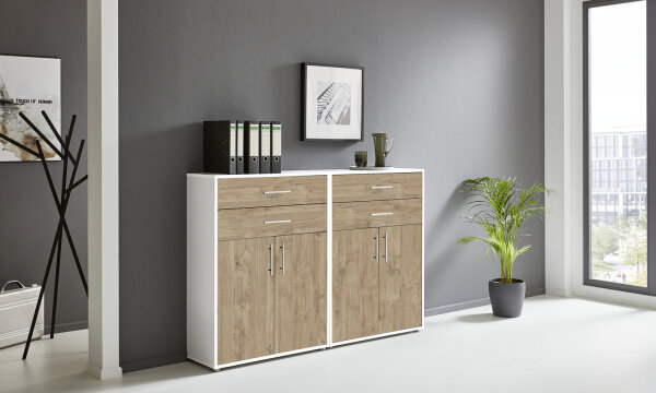 Aktenschrank TABOR 17 in weiß / Gold Harbor Oak, Schrankwand, Büroschrank, Metallgriffe